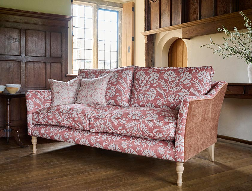 Brunel 3 seater sofa in Spill Resistant RHS Gertrude Jekyll Meadow Flower Reversed Terracotta back and sides in Mohair Kiln